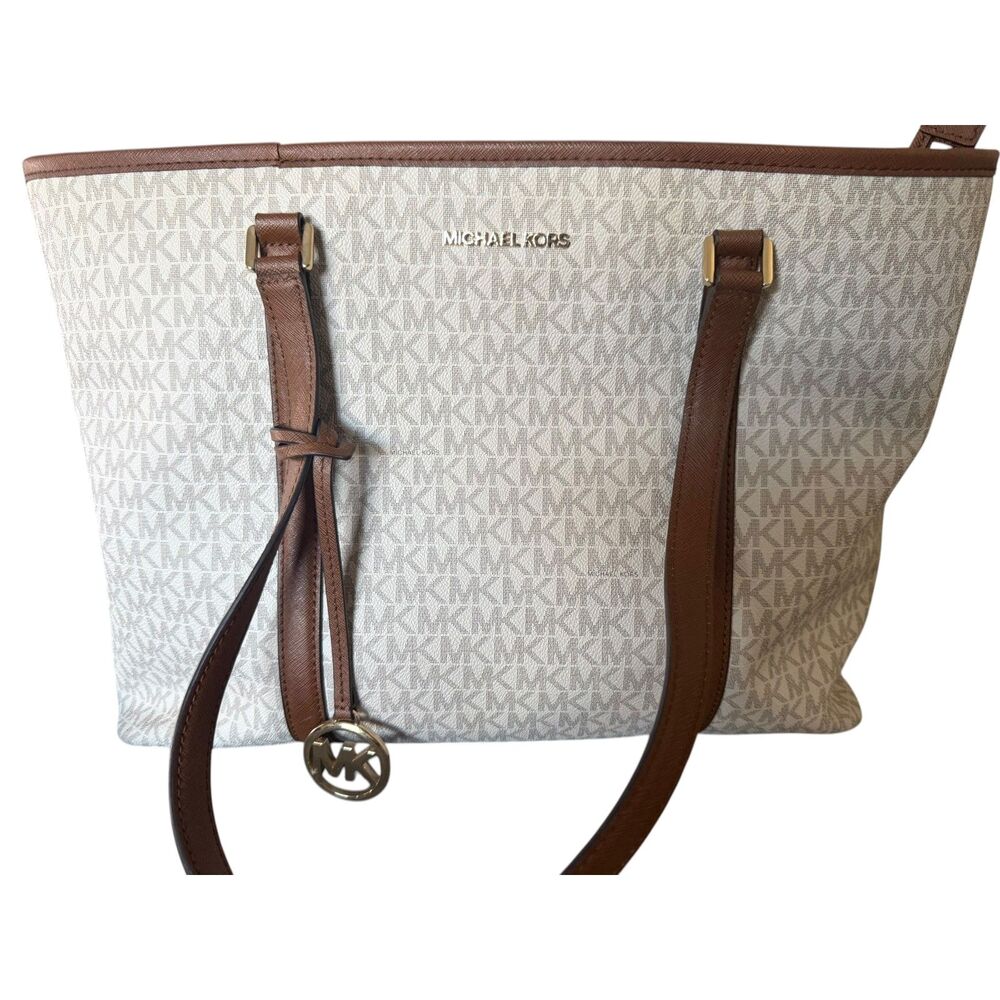 Michael Kors MK Brown Cream Leather Large Tote Logo Bag Purse - Picture 2 of 9